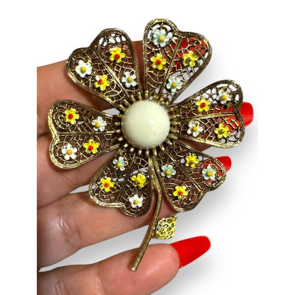 Vintage Art Deco Style Filigree Floral Brooch With White Acrylic Center & Enamel - Picture 8 of 8